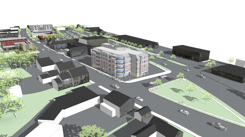 This sketch shows a multi-story building, with apartments and commercial space, that Westbrook Housing hopes to build on the western end of Main Street. The housing authority plans to hire PDT Architects of Portland, which drew the sketch, to design a more detailed plan.