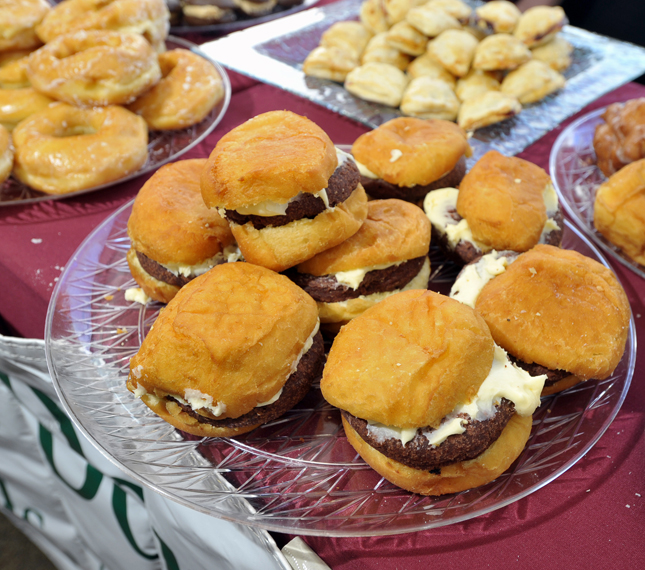 A plate of "Cheeseburger Donuts" stood out on the Congdon's Doughnuts table at the Incredible Breakfast Cook-Off today.
