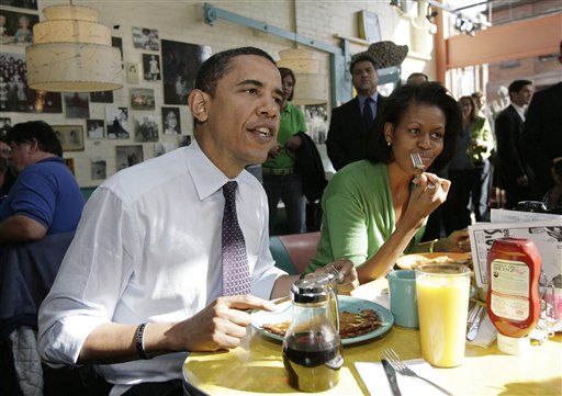 Then-Democratic presidential hopeful, Sen. Barack Obama, and his wife, Michelle, have breakfast at a diner in Pittsburgh during the 2008 presidential campaign. Nobody's talking about what will be on the menu at Friday's Portland fundraiser for the Obama re-election campaign (though we do know what wines will be served – see "Heard it through the grapevine," below).