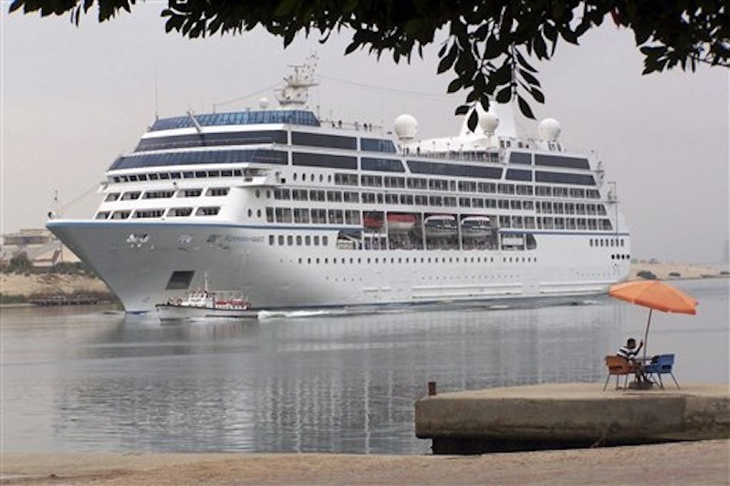 The Azamara Quest sails through the Suez canal, Egypt, in this April 30, 2010 photo on its way to Athens. The fire on the Azamara Quest started late Friday, March 30, 2012 a day after the ship left Manila for Sandakan, Malaysia, and was immediately put out, said coast guard spokesman Lt. Cmdr. Algier Ricafrente. Five crew members were injured. (AP Photo/File)