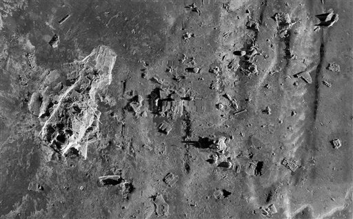 This composite image, released by RMS Titanic Inc., and made from sonar and more than 100,000 photos taken in 2010 from by unmanned, underwater robots, shows a small portion of a comprehensive map of the 3-by-5-mile debris field surrounding the stern of the Titanic on the bottom of the North Atlantic Ocean. The luxury passenger liner sank about 375 miles south of Newfoundland, Canada, after striking an iceberg on its maiden voyage from England to New York on April 15, 1912, killing more than 1,500 people.