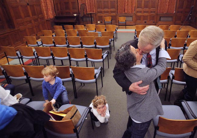 Angus King kisses his wife, Mary Herman, at Bowdoin College on Monday night after announcing his candidacy for the U.S. Senate seat being vacated by Olympia Snowe.