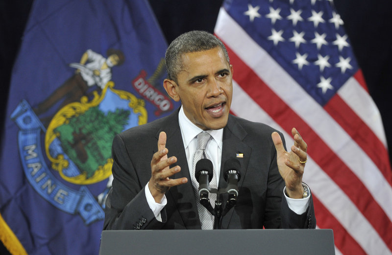 Three photos show an animated president as he addresses a crowd of 1,700 at Southern Maine Community College in South Portland.