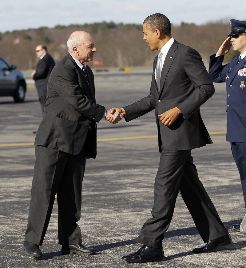 Portland Mayor Michael Brennan greets President Obama upon his arrival at the Portland International Jetport on Friday. “He said, ‘Why don’t you ride with me in the motorcade and we can talk a little bit more?’ ” Brennan said.