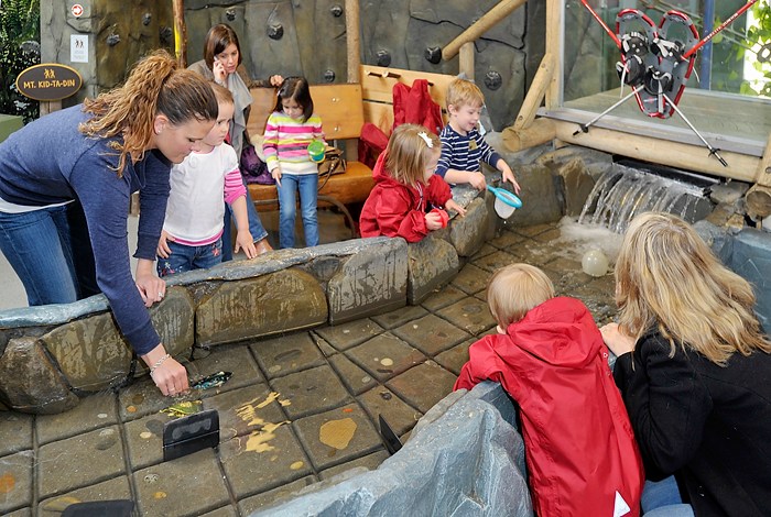Susan McLain of Portland, left, encourages her daughter, Morgan, 3, to join the other kids in the activities around "The Stream," part of Discovery Woods at the Children's Museum and Theatre of Maine.