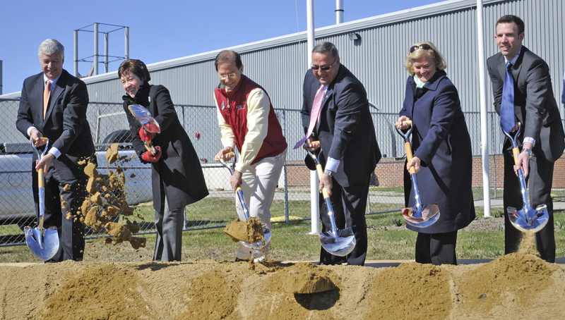 Breaking ground for the new Idexx facility today are, from left;: U.S. Rep. Mike Michaud, U.S. Sen. Susan Collins, Idexx CEO Jonathan Ayers, Gov. Paul LePage, U.S. Rep. Chellie Pingree and state Sen. Phil Bartlett.