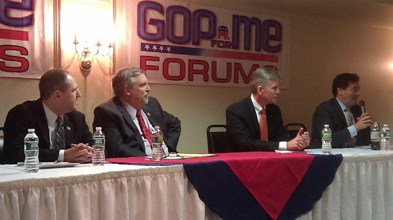 Four GOP candidates participated in the first of a series of debates among Republicans seeking to win the seat being vacated by U.S. Sen. Olympia Snowe. From left, they are Scott D’Amboise, Attorney General William Schneider, Secretary of State Charlie Summers and former state Sen. Rick Bennett. State Treasurer Bruce Poliquin and state Rep. Debra Plowman did not attend Thursday’s event in the Aroostook County town of Presque Isle.