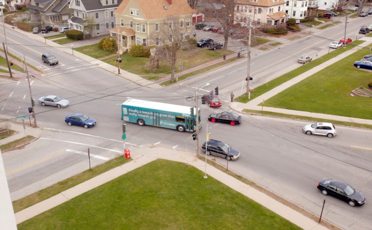 At this six-way intersection in Portland, Deering and Brighton avenues meet at angles with Falmouth and Bedford streets. Engineers say it’s a confusing intersection that makes drivers unsure about which lanes to use. Now, the city is considering replacing the intersection with a roundabout.