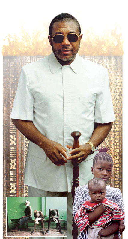 Charles Taylor, above, and an amputee victim and her baby, lower right, in a camp run by Doctors Without Borders in Sierra Leone. Maria Tukamara, 14, lost both her hands when the Revolutionary United Front invaded her village. In photo at lower left, young Sierra Leone men who had their ears, hands or fingers chopped off wait at a hospital for medical care.