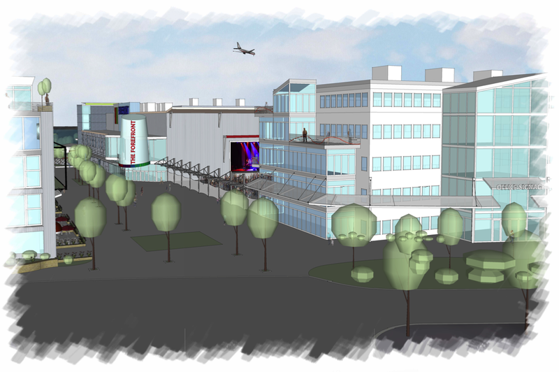 An architect's rendering shows part of the mixed-use project planned for Thompson's Point in Portland.