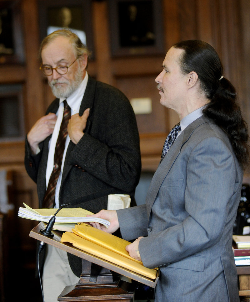 Ernest Weidul, right, appears in Cumberland County Courthouse in Portland along with his attorney Thomas Connolly on Tuesday. Weidul is charged with manslaughter in the death of Roger Downs Jr. of Portland.