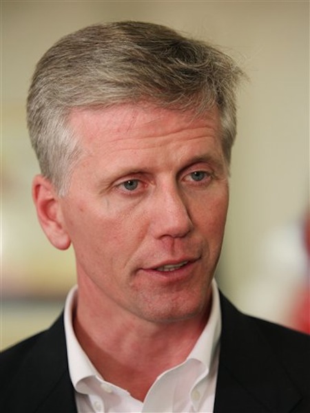 In this June 12, 2012 file photo, Republican senate candidate and Secretary of State Charlie Summers, center, is interviewed in South Portland, Maine. Summers, who won Tuesday's GOP Senate primary, was Sen. Olympia Snowe's state director for nine years. (AP Photo/Joel Page, File)