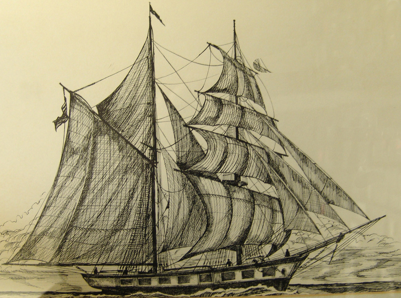 This etching by James Lane Berkeley depicts the Dash, a topsail schooner built in Freeport by the Porter family. The Dash was one of the most successful privateers that operated out of Casco Bay during the War of 1812, capturing 15 British vessels and their cargoes while prowling the Atlantic.