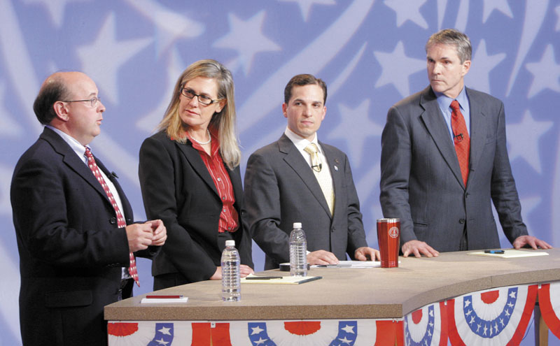 Democratic candidates for U.S. Senate from left, Matt Dunlap, Sen. Cynthia Dill, Benjamin Pollard and Rep. Jon Hinck participate in a debate at WGME studios in Portland on Tuesday.
