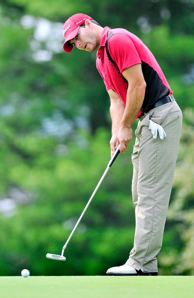 Jeremiah Shields, who finished with five birdies to tie for the lead at the Maine Open, watches his putt head to the hole on the 12th green Tuesday at the Augusta Country Club.