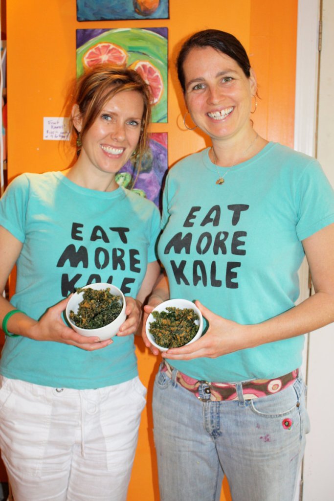 Maggie Knowles, left, and Elizabeth Fraser show off the kale chips from their Kids Gone Raw line of raw, vegan foods.