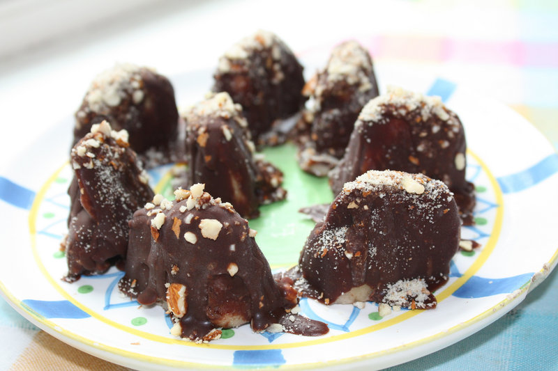 Banana ice cream dipped in chocolate.