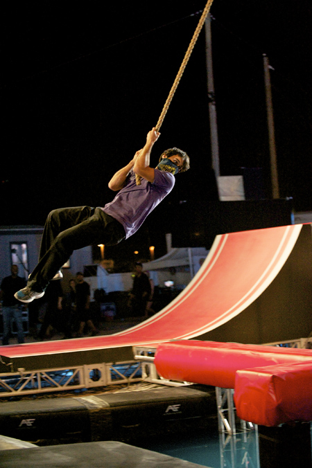 Jesse Villareal attempts to complete the world's hardest obstacle course during the "American Ninja Warriors" finals competition in Las Vegas.