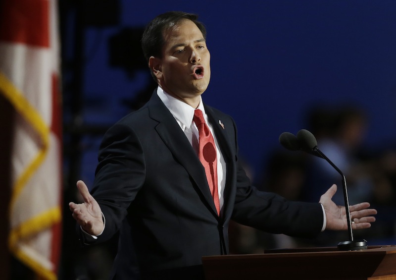 Florida Senator Marco Rubio addresses delegates during the Republican National Convention in Tampa, Fla., on Thursday, Aug. 30, 2012. (AP Photo/Charlie Neibergall)