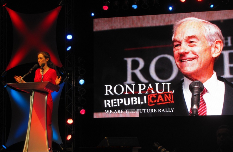 Ashley Ryan of Maine speaks to Ron Paul supporters at the "We Are the Future" rally at the University of South Florida Sun Dome in Tampa, Fla., on Sunday. She urged the crowd to "keep fighting" and stay engaged in politics despite frustrations.