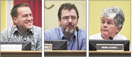Gorham Town Council Vice Chairman Philip Gagnon, left, says with a promotion and a baby on the way, he would not have time to continue to serve; Councilor Matt Mattingly is running for the Legislature; and Chairwoman Brenda Caldwell says her plan always was to serve two terms and then retire.
