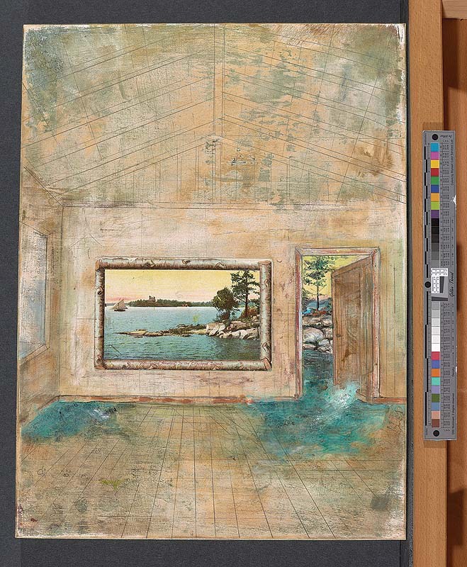 “Water Damage,” a collage painting, from William Wegman’s “Hello Nature” at the Bowdoin College Museum of Art.