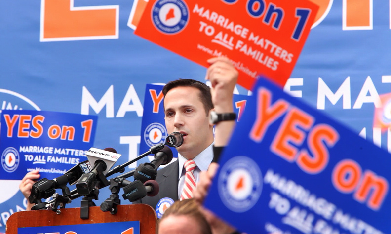 Matt McTighe, campaign manager for Mainers United for Marriage, speaks Monday at a rally at Portland City Hall supporting the same-sex marriage referendum that is on the ballot this November. To win this campaign, proponents will have to make a voice of reason heard over the din of a highly charged election campaign.