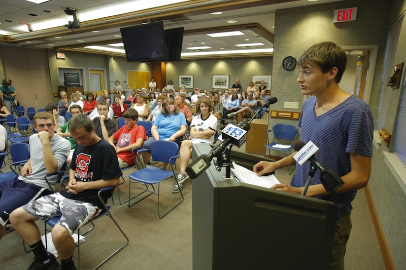 Jack Sullivan, Scarborough High School senior class president, addresses the Scarborough school board on Aug. 16.