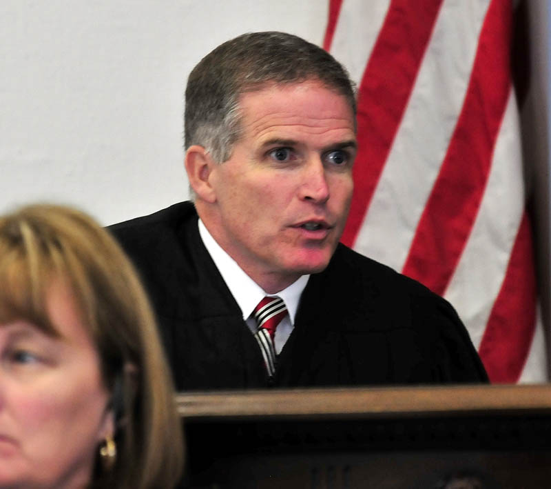 Justice John Nivison speaks with jurors during opening statements in the trial of Jay Mercier in Somerset County Superior Court in Skowhegan on Thursday. Mercier is on trial in the death of Rita St. Peter 32 years ago in Anson.