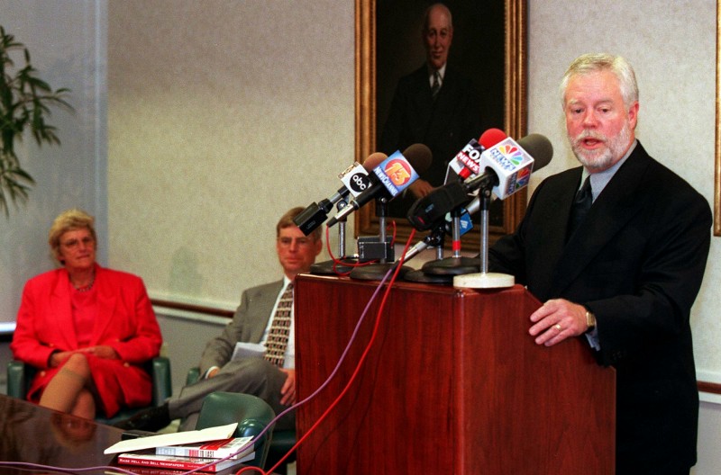 Matty Corson, CEO of Guy Gannett Communications, and James Shaffer, President, listen as Frank Blethen, Publisher and &CEO of the Seattle Times speaks at a meeting of managers, employees and news media. Herb Swanson