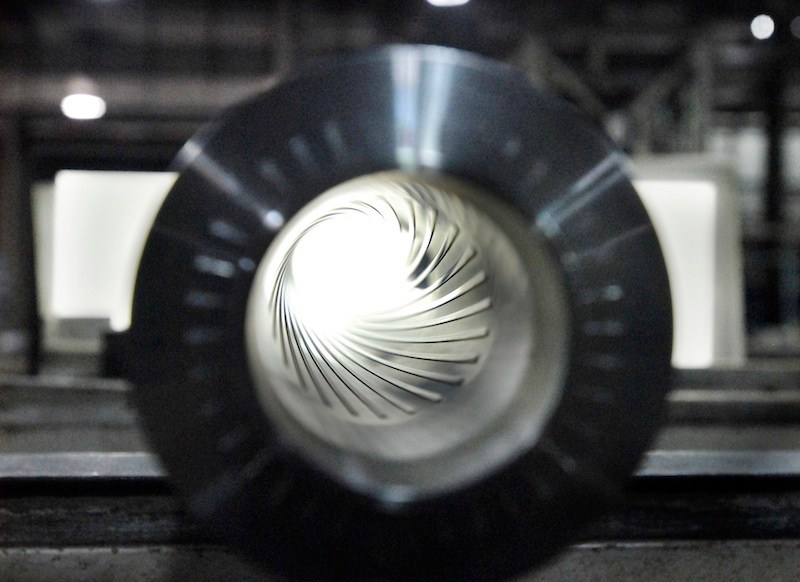 This January 2007 file photo shows rifling on a machine gun barrel manufactured at the General Dynamics Armament and Technical Products Operation in Saco.