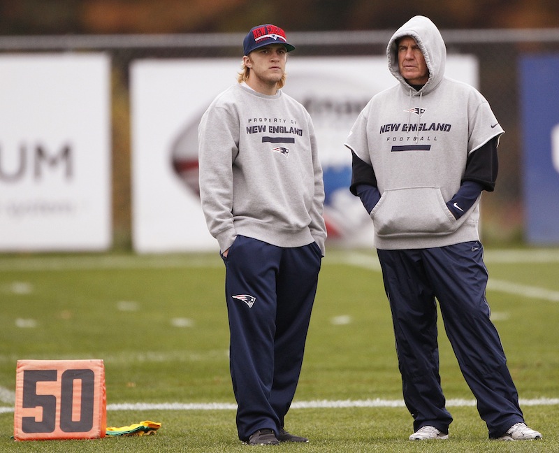 New England Patriots head coach Bill Belichick, right, talks with his son, Patriots coaching assistant Steve Belichick, during practice at the NFL football team's facility in Foxborough, Mass., Wednesday, Oct. 24, 2012. (AP Photo/Stephan Savoia) Gillette Stadium