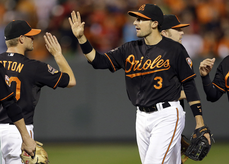 Baltimore Orioles' Ryan Flaherty (3) high-fives teammates after a game against the Boston Red Sox in Baltimore on Sept. 28, 2012. Baltimore won 9-1.