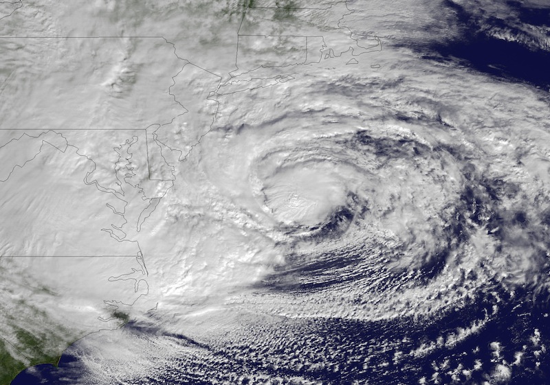 This NOAA satellite image taken Monday, Oct. 29, 2012 shows Hurricane Sandy off the Mid Atlantic coastline moving toward the north with maximum sustained winds of 90 mph. Hurricane Sandy wheeled toward land as forecasters feared Monday, raking cities along the Northeast corridor with rain and wind gusts, flooding shore towns, washing away a section of the Atlantic City Boardwalk, and threatening to cripple Wall Street and New York's subway system with a huge surge of corrosive seawater. (AP Photo/NOAA)