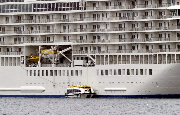 The World prepares to transport passengers to the Rockland waterfront.