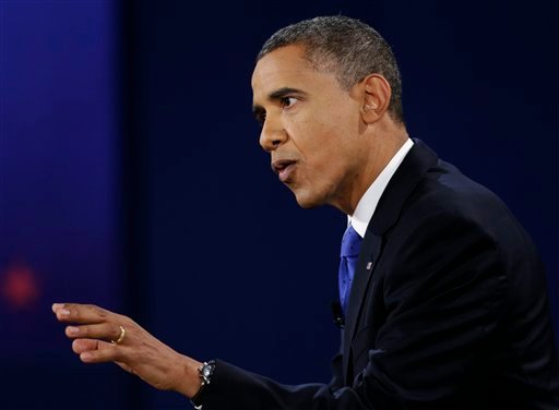President Barack Obama speaks during the third presidential debate with Republican presidential nominee Mitt Romney at Lynn University, Monday, Oct. 22, 2012, in Boca Raton, Fla. (AP Photo/Eric Gay)