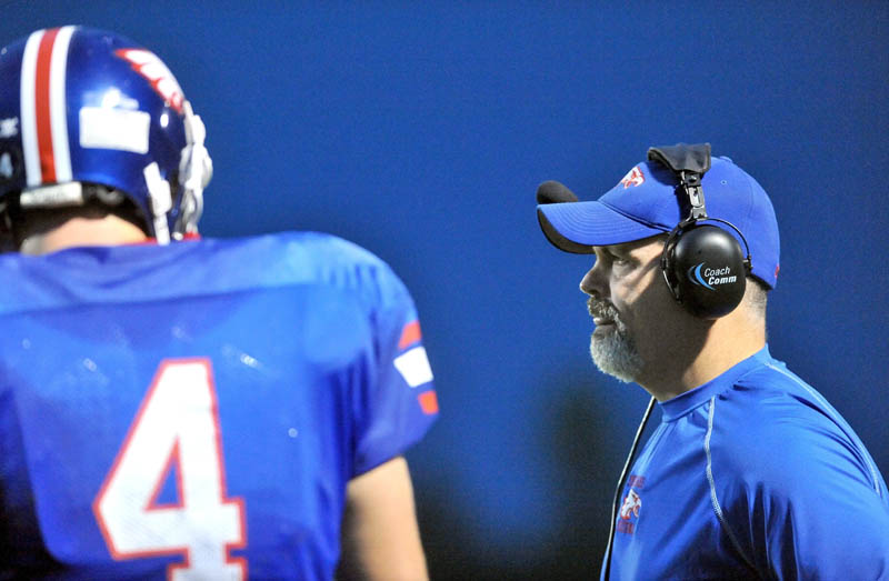 Messalonskee High School head football coach, Wes Littlefield, on the sidelines against Cony High School at Messalonskee High School in Oakland.