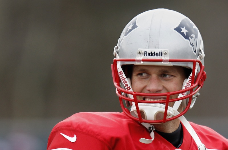 New England Patriots quarterback Tom Brady smiles during NFL football practice at the team's training facility in Foxborough, Mass., Wednesday, Nov. 28, 2012. (AP Photo/Stephan Savoia) Gillette Stadium