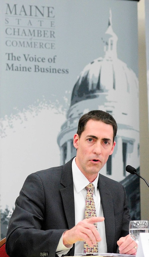 Joel Allumbaugh, of the National Worksite Benefit Group, speaks on Wednesday morning during a Maine Chamber of Commerce sponsored event on federal health care reform on Wednesday morning, at the Augusta Civic Center.