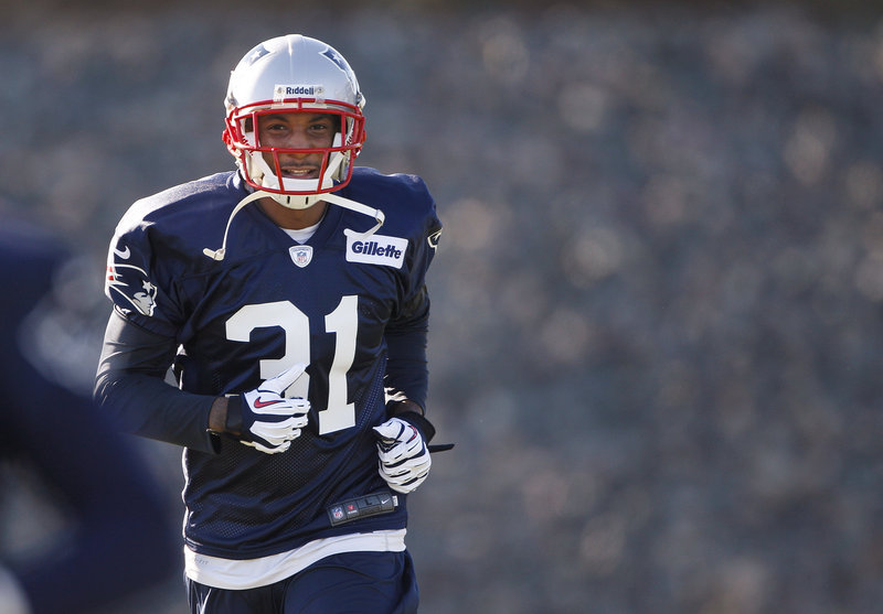 Newly acquired New England Patriots cornerback Aqib Talib runs during practice at the NFL team's facility in Foxborough, Mass., on Wednesday.