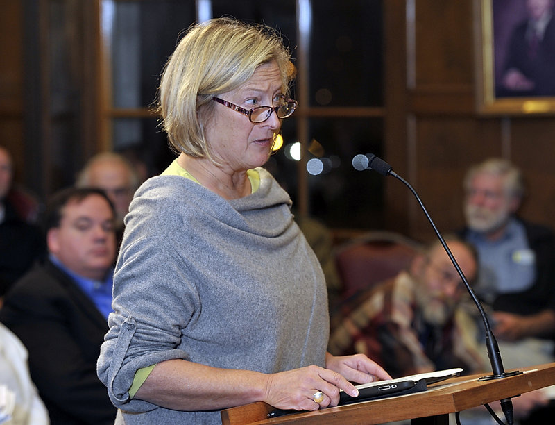 Beth Humstone, a board member of the Portland Downtown District, addresses the City Council on how Portland provides services to the homeless.