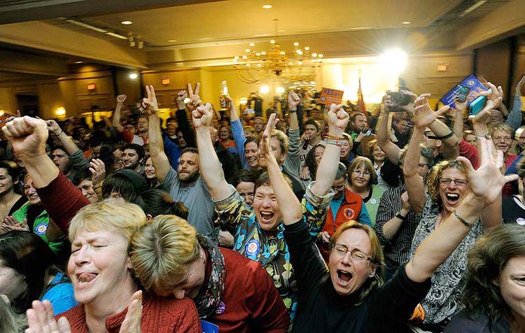 People celebrate after learning same sex marriage had passed at the Mainers United for Marriage party at the Holiday Inn by the Bay on Tuesday, November 6, 2012.