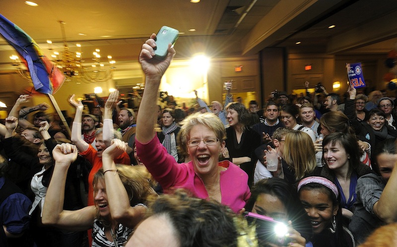 People celebrate after learning same sex marriage had passed at the Mainers United for Marriage party at the Holiday Inn by the Bay Tuesday, November 6, 2012. Marriage licenses for same-sex couples in Maine could be issued beginning Dec. 29.