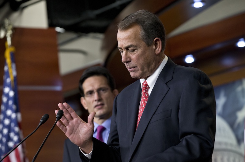 Speaker of the House John Boehner, R-Ohio, joined by House Majority Leader Eric Cantor, R-Va., left, speaks to reporters about the fiscal cliff negotiations at the Capitol in Washington, Friday, Dec. 21, 2012. Hopes for avoiding the "fiscal cliff" that threatens the U.S. economy fell Friday after fighting among congressional Republicans cast doubt on whether any deal reached with President Barack Obama could win approval ahead of automatic tax increases and deep spending cuts kick in Jan. 1. (AP Photo/J. Scott Applewhite)