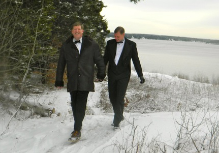 Seth Thayer, left, and Greg Tinder, together for nearly 14 years, were married Saturday morning in an outdoor ceremony in Northport, overlooking Penobscot Bay.