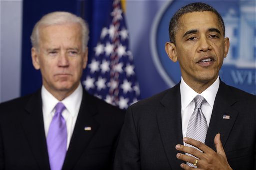 President Barack Obama stands with Vice President Joe Biden as he makes a statement Wednesday, Dec. 19, 2012, in the Brady Press Briefing Room at the White House in Washington, about policies he will pursue following the massacre at Sandy Hook Elementary School in Newtown, Ct. Obama is tasking Vice President Joe Biden, a longtime gun control advocate, with spearheading the effort. (AP Photo/Charles Dharapak)