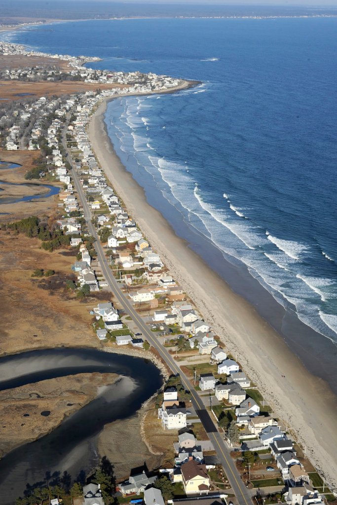 An aerial view shows Moody Beach in Wells.