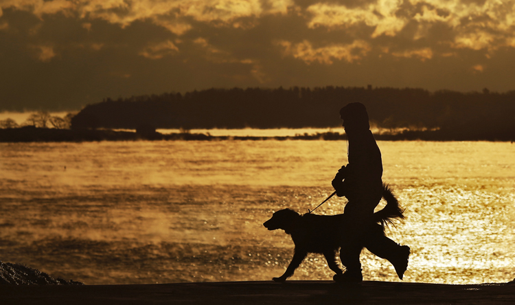 Amy Alward of Portland walks with her 3-year-old flat-coated retriever, Coali, just after sunrise Wednesday.