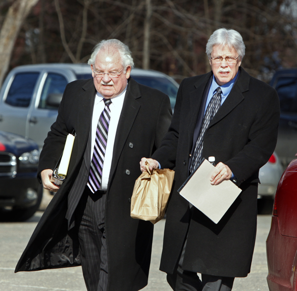 Mark Strong and his attorney Daniel Lilley enter York County Superior Court in Alfred after returning from a lunch break on Tuesday.