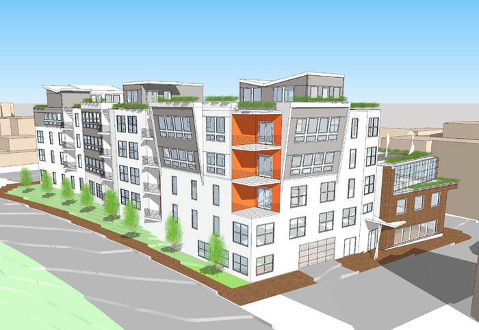 An architectural rendering shows the Newbury Lofts proposal for 24 condominiums in a five-story building on Portland’s Franklin Street.